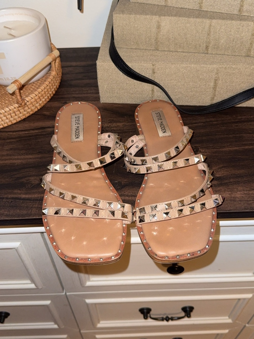 Steve Madden Beige Studded Strappy Flat Sandals